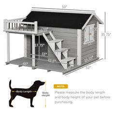 a dog house with the measurements for it's stairs and door open to show how high