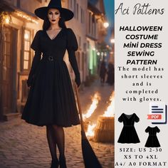 a woman in a black dress and witch hat holding a broom with the words halloween costume sewing pattern on it