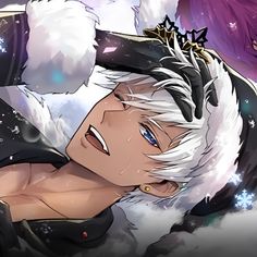 an anime character with white hair and blue eyes laying on his back in the snow