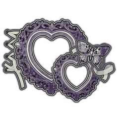 two heart shaped cut outs with the word love and butterflies on them, both in purple