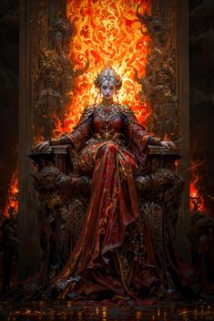 a woman sitting on top of a throne in front of a fire filled wall with flames