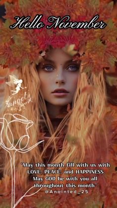 a woman with long blonde hair and blue eyes is surrounded by autumn leaves in the background