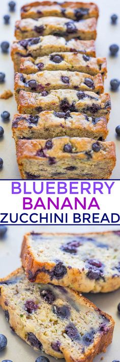 blueberry banana zucchini bread is cut into slices