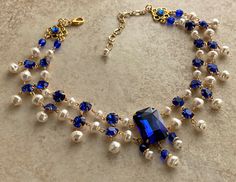 Blue Royal Jewelry, Blue Necklace Aesthetic, Luxury Elegant Royal Blue Necklace, Luxury Vintage Blue Beaded Necklaces, Luxury Blue Baroque Pearl Necklaces, Luxury Blue Pearl Necklace, Elegant Style, Royal Blue Necklace, Luxury Blue Baroque Pearl Necklace, Festoon Necklace