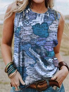 Gender: Women Type:Tank Tops Feature:Map Print. Crew Neck. Sleeveless Material:Polyester Style:Casual/Fashion Color:Gray. Pink. Khaki. Blue Size:S. M. L. XL. 2XL. 3XL. 4XL. 5XL Please Note:All Dimensions Are Measured Manually With A Deviation Of 1 To 3cm. Summer Stretch Vest With Graphic Print, Casual Printed Sleeveless Vest, Casual Printed Spring Vest, Casual Printed Sleeveless Tank Top, Printed Sleeveless Casual Tank Top, Summer Printed Crew Neck Tank Top, Printed Stretch Tank Top For Summer, Casual Sleeveless Printed Tops, Casual Printed Summer Vest