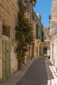 an alley way with stone buildings and green shutters on both sides, surrounded by greenery