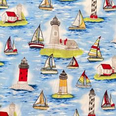 an image of sailboats and lighthouses on the water