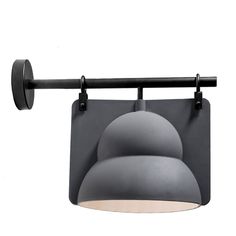 a gray light hanging from the side of a black wall mounted fixture with two lights on it