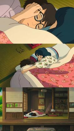 an anime scene with two people sleeping in bed and another person laying on the floor