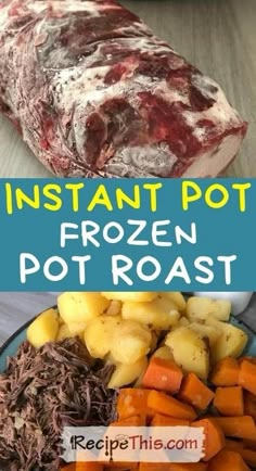 an image of instant pot roast with potatoes and carrots on the side, and beef in the middle