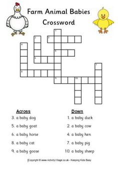 crossword worksheet for farm animal babies