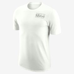 Sometimes it's not about loving a team or player. Sometimes it's about celebrating the entire league. Show your love for the NBA with this classic T-shirt. White Nike T-shirt For Game Day, Nike Team Spirit T-shirt For Team Events, Nike T-shirt For Team Events With Team Spirit, Nike T-shirt For Team Events, Nike Short Sleeve Tops For Team Events, Nike Sporty T-shirt For Team Events, Nike Sports Fan Tops For Team Events, Collegiate Basketball T-shirt With Team Logo, Nike Tops With Team Name For Team Events