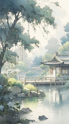 a painting of a japanese pavilion by the water