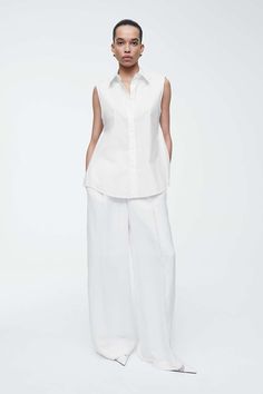 OPEN-BACK SLEEVELESS SHIRT - WHITE - Shirts - COS White Poplin Shirt For Summer, White Sleeveless Shirt For Daywear, White Poplin Tops For Daywear, White Sleeveless Shirt For Work, White Poplin Shirt For Daywear, White Poplin Shirt For Spring, Cotton Sleeveless Blouse For Work, Mens Cardigan Sweater, Accessories Bags Shoes