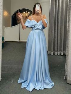 Blue Satin Prom Dress, Satin Formal Gown, Prom Dresses Off The Shoulder, Winter Wedding Venues, Spaghetti Strap Prom Dress, Satin Prom Dress, Dress Satin, Blue Satin, Long Prom Dress