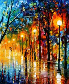 an oil painting of people walking in the rain with umbrellas and street lights at night