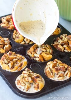 cinnamon buns being poured into a muffin tin