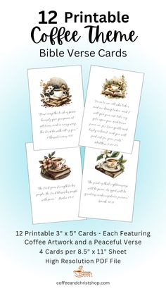 two printable coffee themed cards with the text 12 printable coffee theme bible verse cards