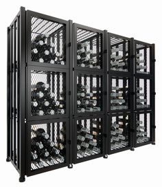 the back side of a wine rack with many bottles in it and two doors open