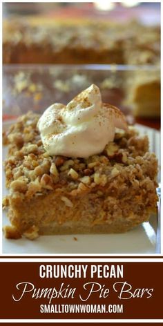 a close up of a slice of pumpkin pie bars on a plate with whipped cream