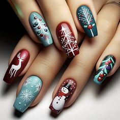 Charming Holiday Nail Art: Long Ballet Nails with Snowflakes & Reindeer Ballet Nails, Festive Nail Art, Cute Nail Art Designs, Holiday Nail Art, Snowflake Nails, Nail Swag, Winter Nail Art, Festival Nails, Cute Nail Art