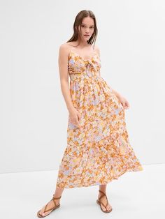 Tie-Front Tiered Maxi Dress | Gap Factory Casual Tiered Sundress With Adjustable Straps, Casual Halter Neck Sundress With Knotted Straps, Tiered Sundress For Summer Daywear, Tiered Sundress For Daywear, Summer Tiered Sundress For Daywear, Sundress With Spaghetti Tie Straps, Casual Dresses With Knotted Straps For Brunch, Casual Cotton Sundress With Knotted Straps, Casual Maxi Sundress With Knotted Straps