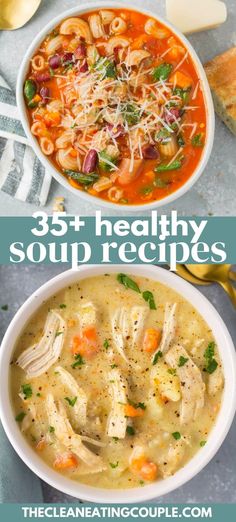 two bowls of soup with chicken, carrots and parmesan cheese