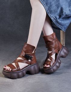 Open Toe Comfortable Leather Straps Platform Sandals — Obiono Trendy Leather Toe Post Wedge Sandals, Brown Sandals With Heel Strap And Round Toe, Leather Toe Post Wedge Sandals, Brown T-strap Sandals With Heel Strap And Open Toe, Brown Toe Post Slingback Sandals For Spring, Leather Toe Post Heels With Platform, Brown Synthetic Open Toe T-strap Sandals, Leather Platform Heels With Toe Post, Leather Toe Post Platform Heels