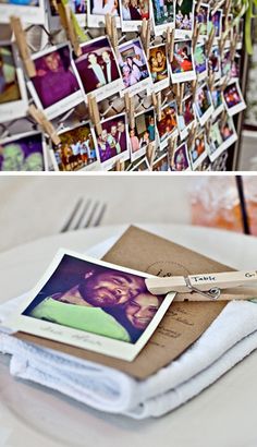 a table topped with pictures and clothes pins