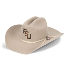 Howdy, Florida State Seminoles fans! Spruce up your wardrobe with a little country flair courtesy of this Authentic Felt Cowboy Hat. Exquisite details from USCAPE x Seager adorn the debut design, including a 4 1/2" cattleman crown, 4" brim with Western Flange and two-cord ribbon hat-band with a custom Florida State Seminoles pin. A brown leather sweatband with gold foil and a sleek black silk liner ensures deluxe comfort for the wearer. It is one mighty fine piece of headwear for the modern Florida State Seminoles supporter. Southern Style Brown Hat With Curved Brim, Country Style Ranch Hats, Country Style Cap For Western-themed Events, Country Style Cap For Rodeo, Country Style Cap For Country Events, Fitted Cap For Rodeo, Fitted Cap Felt Hat For Rodeo, Country Style Felt Cap Hat, Country Style Felt Cap