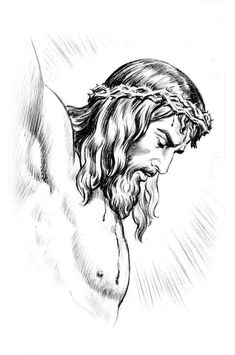 a drawing of jesus with his head down