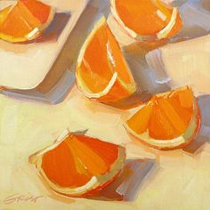 an oil painting of sliced oranges on a table