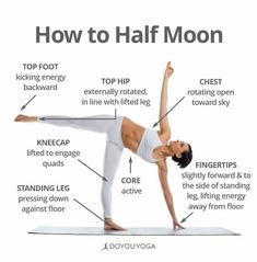 a woman doing yoga poses with the words'how to half moon'above her