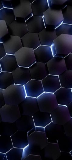 an abstract background consisting of hexagonals with blue lights in the center and on top