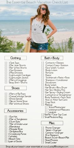 the essential beach vacation checklist is shown in this image, with text overlaying it