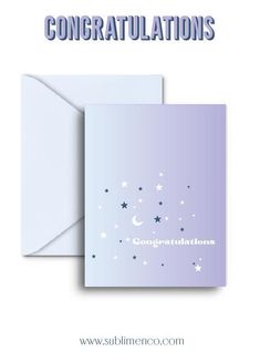 congratulations card with stars and the words congratulations on it in blue, purple and white