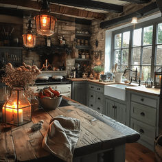 a kitchen filled with lots of counter top space next to a stove top oven and sink