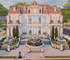 an artist's rendering of a large mansion with gardens and fountains in the front yard