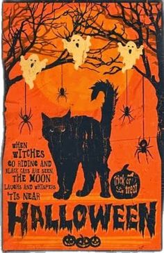 an orange and black sign with a cat on it's back that says, when witches go hiding and the moon lights up its near