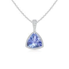 Dangling from a diamond bale, this silver trillion tanzanite pendant is a covetable piece. It features fine milgrain detailing around the gemstone. The bluish violet trillion tanzanite is secured in a bezel setting. Trillion Cut Tanzanite White Gold Jewelry, Classic Tanzanite Jewelry In Trillion Cut, Trillion Cut Tanzanite Jewelry In White Gold, Elegant Trillion Cut Tanzanite Jewelry, Elegant Tanzanite Jewelry With Trillion Cut, Classic Tanzanite Necklaces With Diamond Cut, Classic Tanzanite Necklace With Brilliant Cut, Classic Tanzanite Necklace With Diamond Cut, Classic Tanzanite Gemstone Necklaces