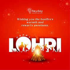 happy lohrii festival with fireworks and people on the ground in front of red background