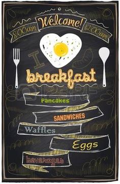 a chalkboard sign with the words breakfast written on it and an egg in the middle