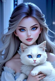 a beautiful woman holding a white cat in her arms and looking at the camera with blue eyes