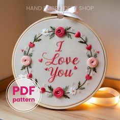 i love you hand embroidery kit with pink roses and white daisies in the hoop