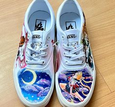 ♡Hello! Thank you so much for visiting my shop! This listing is made to order for hand painted Vans with Sailor Moon characters!  ♡ The process: The shoes will be authentic Vans please send me your shoe size! I am also open to painting a different shoe of your choice but please message me to discuss first before placing your order :) Please allow at least 2-3 weeks for me to paint your order! However, if you need it by a certain date please let me know and I will do my best to make it happen   You can also let me know of any particular personalization you would like as well! ♡Please reach out if you have any questions Custom Vans Sun And Moon, Anime Painted Shoes, Sailor Moon Heels, Painted Vans Slip On, Sailor Moon Shoes Vans, Sailor Moon Characters, White Custom Sneakers With Anime Print, Disney Vans Painted, Hand Painted Vans