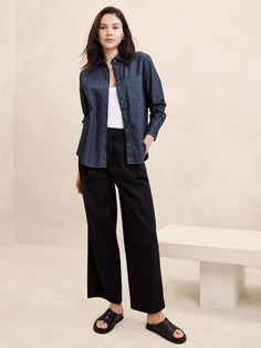 Shop All Women's Clothing | Banana Republic Factory Classic Dark Wash Shirt With Button Cuffs, Indigo Button-down Shirt For Work, Indigo Shirt With Buttons For Workwear, Classic Indigo Shirt For Work, Dark Wash Button Closure Shirt For Work, Dark Wash Shirt With Button Closure For Work, Dark Wash Button-up Shirt For Work, Denim Shirt Outfit Summer, Denim Shirt Outfit