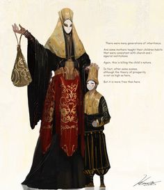 an image of a woman and child dressed up in medieval costumes with words written below