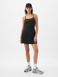 Gap Fitted Activewear With Built-in Bra In Recycled Polyester, Sporty Mini Dress With Built-in Bra For Workout, Sporty Mini Length Dress For Loungewear, Black Athleisure Mini Length Tennis Dress, Black Athleisure Mini Tennis Dress, Black Mini Length Tennis Dress In Athleisure Style, Black Mini Length Athleisure Tennis Dress, Athleisure Mini Length Tennis Dress For Gym, Sporty Mini Dress For Workout