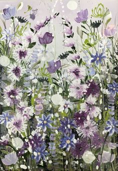 an abstract painting of purple and white flowers