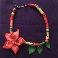 Beautiful, Hand Made, Clay Necklace W/Red Flowers & Green Leaves. From A Healthy, Smoke Free Home. Ships In 1-2 Business Days. Handmade Red Flower Necklace Adjustable, Handmade Adjustable Red Flower Necklace, Handmade Red Flower Necklace With Adjustable Fit, Handmade Red Flower Necklace, Purple Stone Necklace, Cherry Blossom Necklace, Bow Choker, Boho Statement Necklace, Black Pearl Necklace